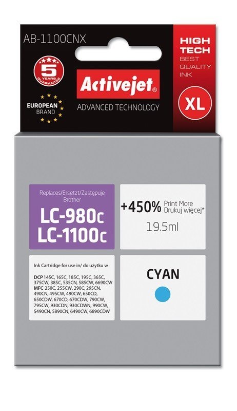 Activejet AB-1100CNX Tusz (zamiennik Brother LC1100C/980C; Supreme; 19,5 ml; niebieski). Drukuje więcej o 450%.