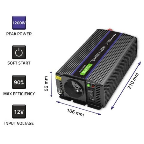 QOLTEC PRZETWORNICA NAPIĘCIA MONOLITH 1200 MS WAVE | 12V NA 230V | 600/1200W | USB