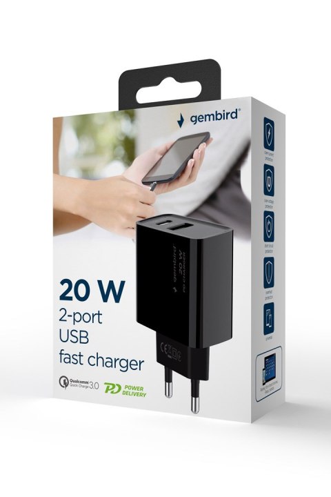 GEMBIRD 2-PORTOWA SZYBKA ŁADOWARKA SIECIOWA POWER DELIVERY USB TYP-C, 20W, CZARNA