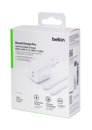 Ładowarka Belkin BoostCharge Pro Dual USB-C PD 3.0 PPS GaN Wall Charger 65W + USB-C to USB-C Cable 2m White