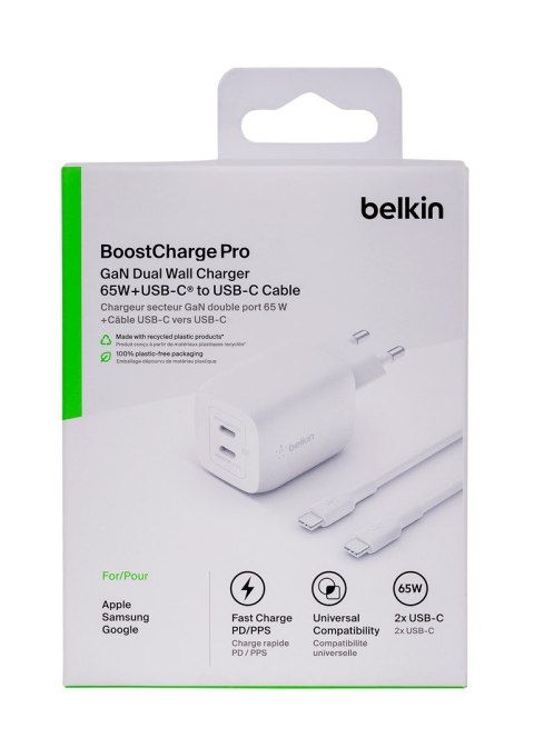 Ładowarka Belkin BoostCharge Pro Dual USB-C PD 3.0 PPS GaN Wall Charger 65W + USB-C to USB-C Cable 2m White