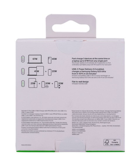 Ładowarka Belkin BoostCharge 3 Port USB-C PD 3.1 PPS Wall Charger 67W + USB-C to USB-C Cable 2m White