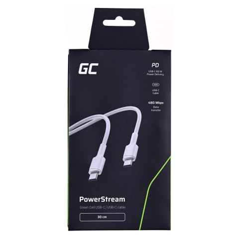 GREEN CELL KABEL KABGC31W GC POWERSTREAM USB-C - USB-C 30CM, POWER DELIVERY 60W, ULTRA CHARGE, QC 3.0, BIAŁY