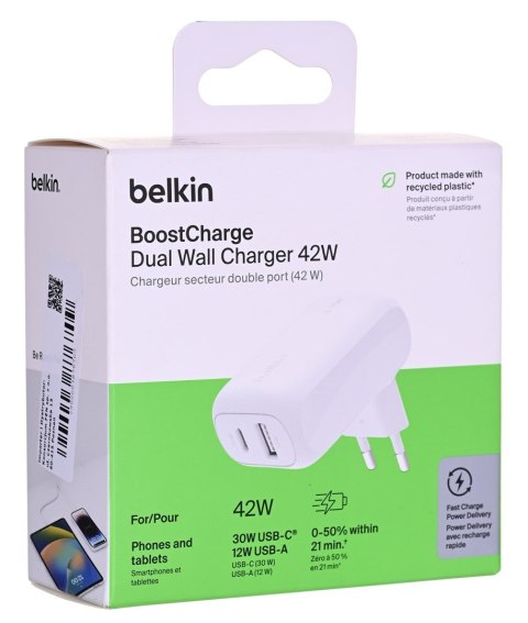 Ładowarka Belkin BoostCharge Dual USB-C + USB-A Wall Charger 42W White