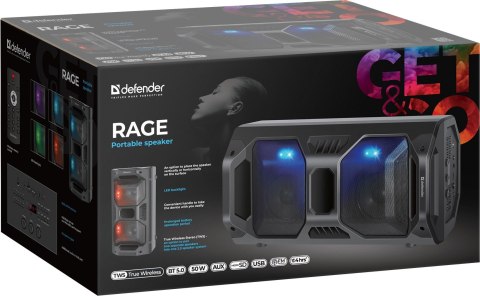 DEFENDER GŁOŚNIK BLUETOOTH 5.0 RAGE 50W LED/BT/FM/USB/MIC/TWS 65109