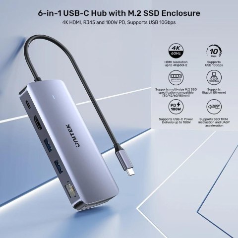 UNITEK AKTYWNY HUB USB-C 10GBPS,M.2,HDMI, PD 100W