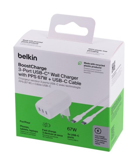 Ładowarka Belkin BoostCharge 3 Port USB-C PD 3.1 PPS Wall Charger 67W + USB-C to USB-C Cable 2m White