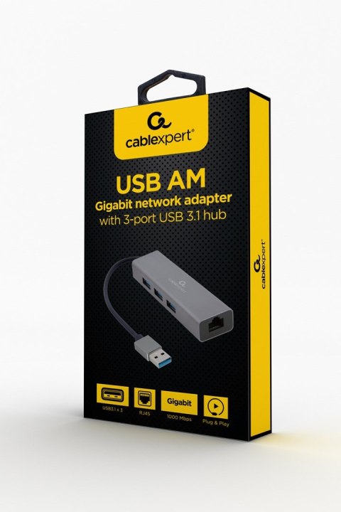 GEMBIRD ADAPTER USB-AM DO LAN GIGABIT HUB USB 3.0 X3 CZARNY