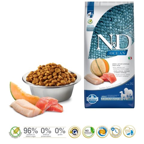 FARMINA N&D Ocean Dog Salmon, Cod, Cantaloupe, Melon Adult Medium&Maxi- sucha karma dla psa - 12 kg FARMINA N&D Ocean Dog Salmon, Cod, Cantaloupe, Melon Adult Medium&Maxi- sucha karma dla psa - 12 kg