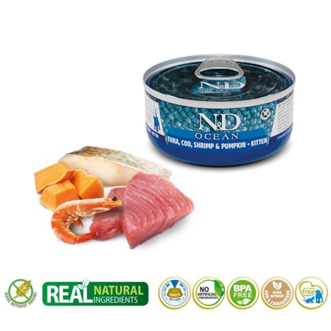 FARMINA N&D CAT OCEAN TUNA,COD,SHRIMP&PUMPKIN KITTEN - mokra karma dla kociąt - 70 g FARMINA N&D CAT OCEAN TUNA,COD,SHRIMP&PUMPKIN KITTEN - mokra karma dla kociąt - 70 g