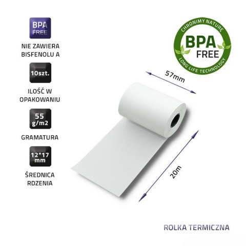 QOLTEC ROLKA TERMICZNA 57X20 | 55G/M2 | 10SZT | BPS FREE QOLTEC ROLKA TERMICZNA 57X20 | 55G/M2 | 10SZT | BPS FREE
