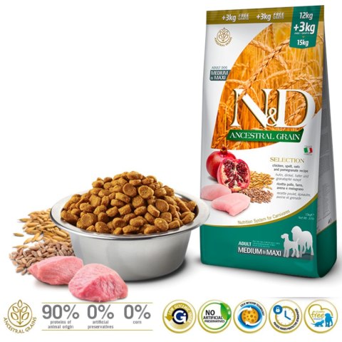 FARMINA N&D Ancestral Grain Selection Adult Medium & Maxi - sucha karma dla psa - 12kg + 3kg FARMINA N&D Ancestral Grain Selection Adult Medium & Maxi - sucha karma dla psa - 12kg + 3kg