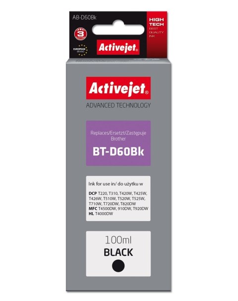 Activejet AB-D60Bk Tusz (zamiennik Brother BT-D60Bk; Supreme; 100 ml; czarny) Activejet AB-D60Bk Tusz (zamiennik Brother BT-D60Bk; Supreme; 100 ml; czarny)