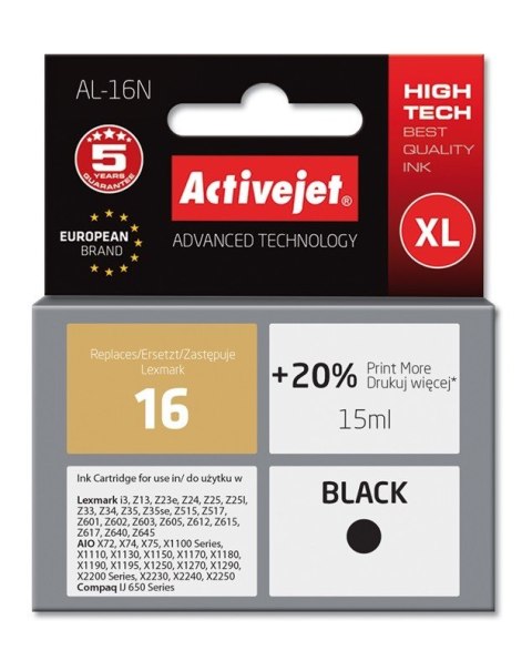 Activejet AL-16N Tusz (zamiennik Lexmark 16 10N0016; Supreme; 15 ml; czarny) Activejet AL-16N Tusz (zamiennik Lexmark 16 10N0016; Supreme; 15 ml; czarny)