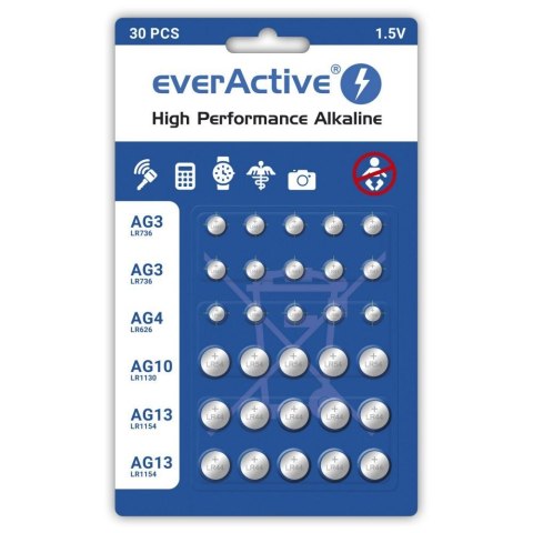 EVERACTIVE BATERIE ALKALICZNE MINI ZESTAW: 10 X G3 / LR41, 5 X G4 / LR626, 5 X G10 / LR1130, 10 X G13 / LR1154 AGMIX30BL EVERACTIVE BATERIE ALKALICZNE MINI ZESTAW: 10 X G3 / LR41, 5 X G4 / LR626, 5 X G10 / LR1130, 10 X G13 / LR1154 AGMIX30BL