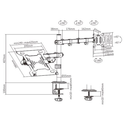 GEMBIRD BIURKOWE REGULOWANE RAMIĘ/UCHWYT Z RAMIENIEM NA MONITOR I PODSTAWKĄ NA NOTEBOOKA 17-32, 100X100MM, DO 9KG GEMBIRD BIURKOWE REGULOWANE RAMIĘ/UCHWYT Z RAMIENIEM NA MONITOR I PODSTAWKĄ NA NOTEBOOKA 17-32, 100X100MM, DO 9KG