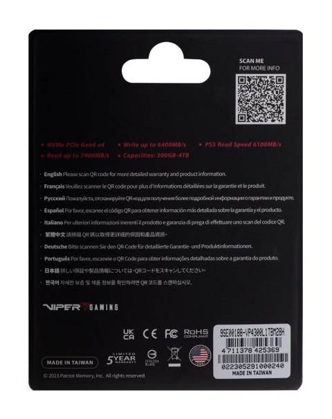 SSD Patriot Viper VP4300L M.2 PCI-Ex4 NVMe 1TB SSD Patriot Viper VP4300L M.2 PCI-Ex4 NVMe 1TB