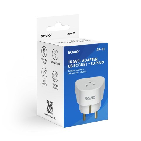 SAVIO ADAPTER PODRÓŻNY, GNIAZDO US - WTYK EU AP-01 SAVIO ADAPTER PODRÓŻNY, GNIAZDO US - WTYK EU AP-01