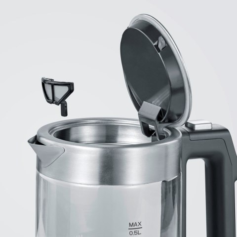 SEVERIN CZAJNIK ELEKTR. SZKŁO-STAL, REG. TEMP. W RĄCZCE, ZAKRES TEMP. 40°C-100°C, POJ. 0,5L, ZAKRYTA GRZAŁKA, 1100W WK3458