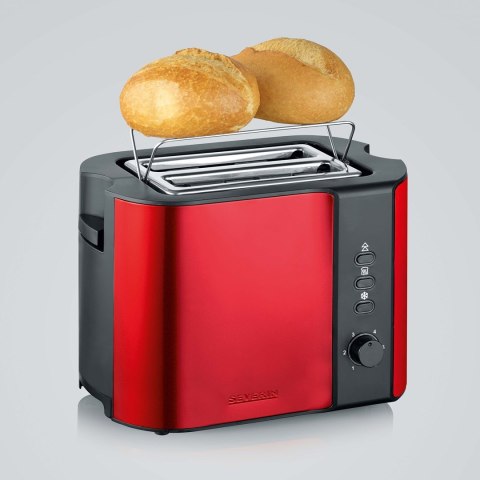 SEVERIN TOSTER CZERWONY, STAL NIERDZEWNA, 2 KROMKI, PRZYCISK ROZMRAŻANIA, ELEKTR. KONTR. OPIEKANIA, MOC 800W AT2217