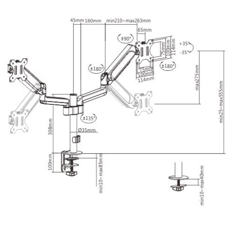 GEMBIRD BIURKOWE REGULOWANE RAMIĘ/UCHWYT NA 2 MONITORY 17-32, 100X100MM, DO 9 KG GEMBIRD BIURKOWE REGULOWANE RAMIĘ/UCHWYT NA 2 MONITORY 17-32, 100X100MM, DO 9 KG