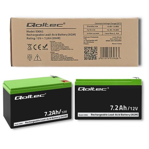 QOLTEC AKUMULATOR AGM 12V | 7.2AH | MAX 108A QOLTEC AKUMULATOR AGM 12V | 7.2AH | MAX 108A