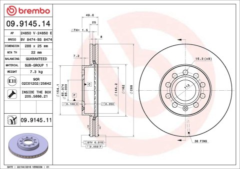 Tarcza hamulcowa BREMBO 09.9145.11 (z przodu) Tarcza hamulcowa BREMBO 09.9145.11 (z przodu)