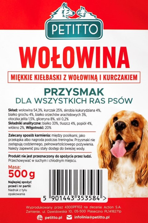 PETITTO Miękkie kiełbaski z wołowiną - przysmak dla psa - 500g PETITTO Miękkie kiełbaski z wołowiną - przysmak dla psa - 500g