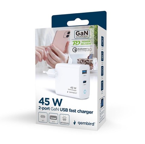 GEMBIRD 2-PORTOWA SZYBKA ŁADOWARKA SIECIOWA GAN (PD) USB (A+C), 45W, LED, BIAŁA GEMBIRD 2-PORTOWA SZYBKA ŁADOWARKA SIECIOWA GAN (PD) USB (A+C), 45W, LED, BIAŁA