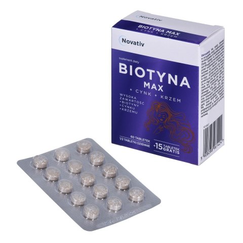 Novativ Biotyna MAX+Cynk+Krzem 60 tabletek + 15 tabletek gratis Novativ Biotyna MAX+Cynk+Krzem 60 tabletek + 15 tabletek gratis