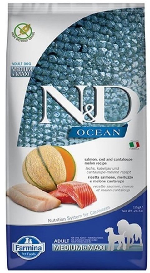 FARMINA N&D Ocean Dog Salmon, Cod, Cantaloupe, Melon Adult Medium&Maxi- sucha karma dla psa - 12 kg FARMINA N&D Ocean Dog Salmon, Cod, Cantaloupe, Melon Adult Medium&Maxi- sucha karma dla psa - 12 kg