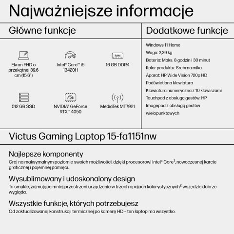 HP Victus 15-fa1151nw i5-13420H 15,6"FHD AG IPS 144Hz 16GB SSD512 RTX 4050_6GB BLKB 70Wh Win11 2Y Mica Silver (WYPRZEDAŻ)