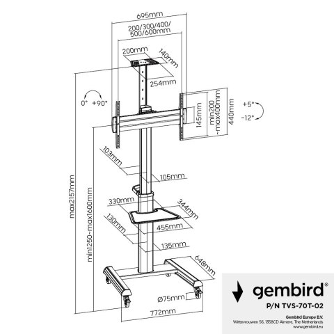 GEMBIRD STOJAK POD TELEWIZOR MOBILNY 37-70" CZARNY