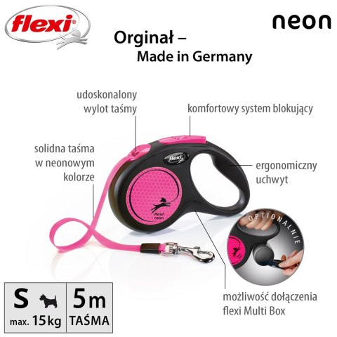 Smycz flexi automatyczna New Neon S taśma 5 m - dla psa do 15 kg, kolor różowy Smycz flexi automatyczna New Neon S taśma 5 m - dla psa do 15 kg, kolor różowy