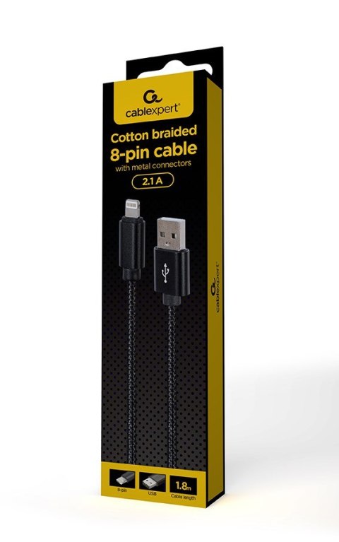 GEMBIRD KABEL USB - DO 8 PIN W OPLOCIE TEKSTYLNYM, WTYKI W OSŁONIE METALOWEJ 1.8M, ŁADOWANIE/TRANSMISJA DANYCH, CZARNY