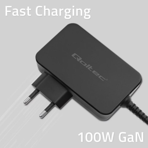 QOLTEC ŁADOWARKA GAN POWER PRO | 1XUSB-C | 100W | 5-20V | 3-5A | CZARNA