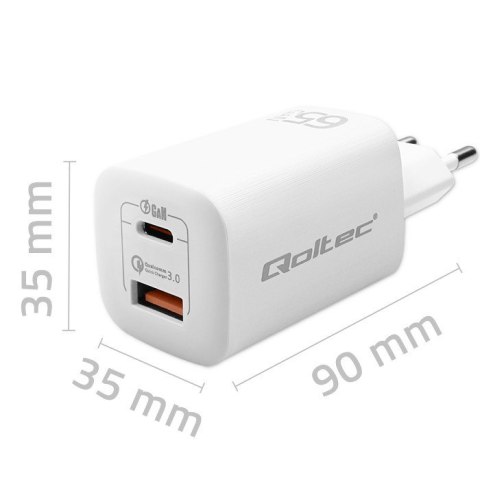 QOLTEC ŁADOWARKA SIECIOWA 65W GAN ULTRA | 5-20V | 2.25-3.25A | 1 X USB TYP C PD | 1 X USB QC 3.0 | BIAŁA