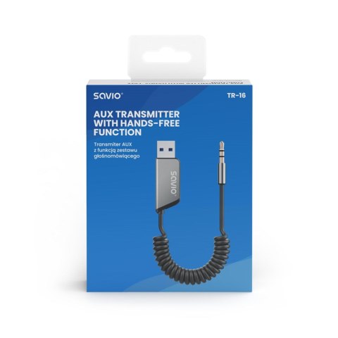 SAVIO TRANSMITER AUX, USB, BLUETOOTH 5.3, FUNKCJA ZESTAWU GŁOŚNOMÓWIĄCEGO, TR-16