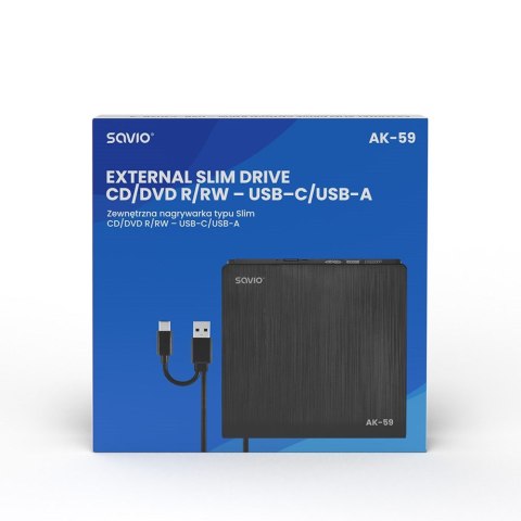 SAVIO NAGRYWARKA ZEWNĘTRZNA TYPU SLIM CD/DVD R/RW - USB C/USB-A, AK-59