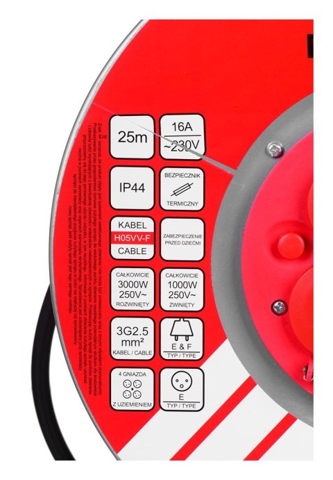 Przedłużacz elektryczny bębnowy 25M VERTEX 3x2,5mm PB25METAL czarny